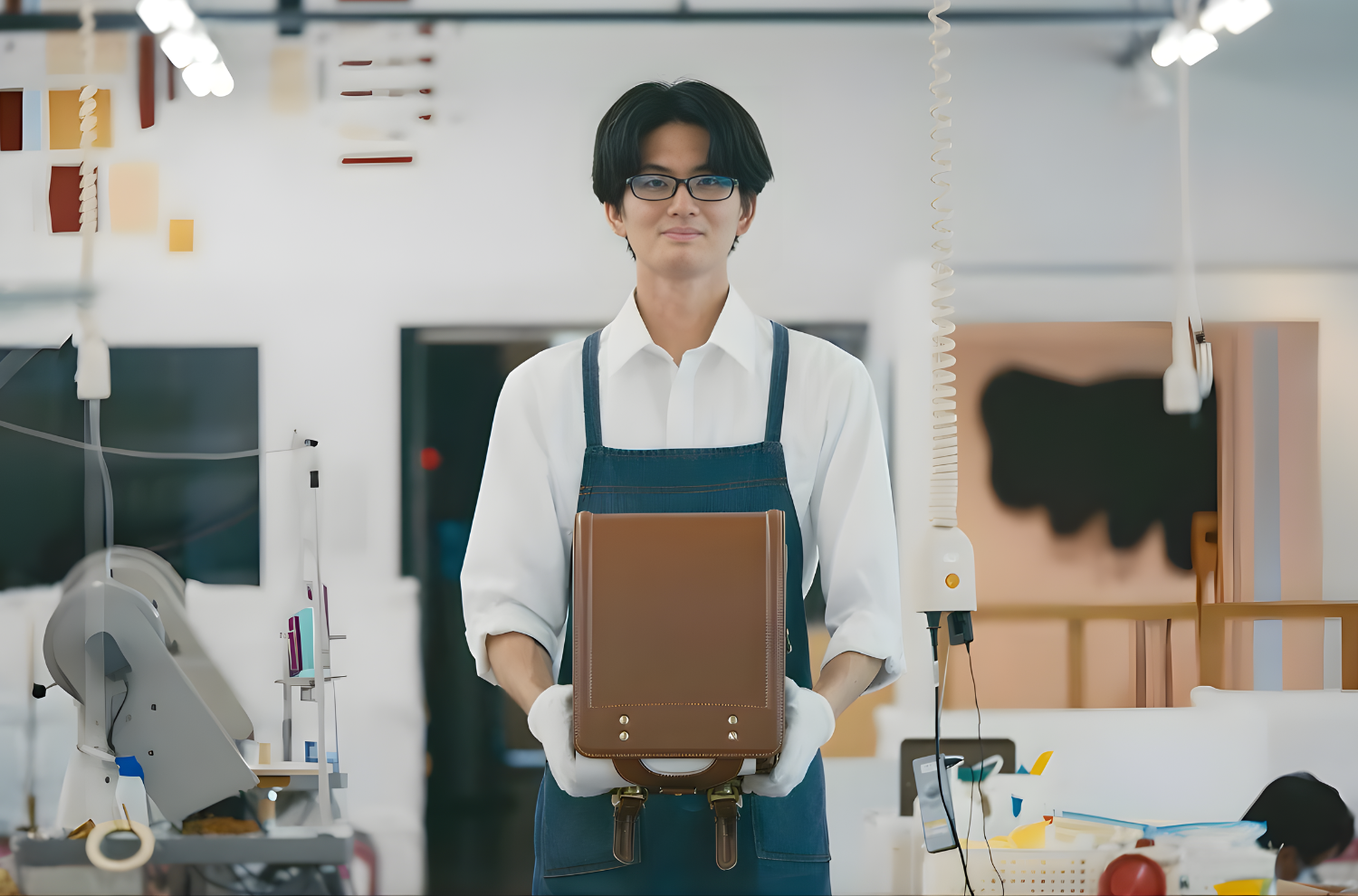 A craftsman holding a brown leather Randoseru in a workshop