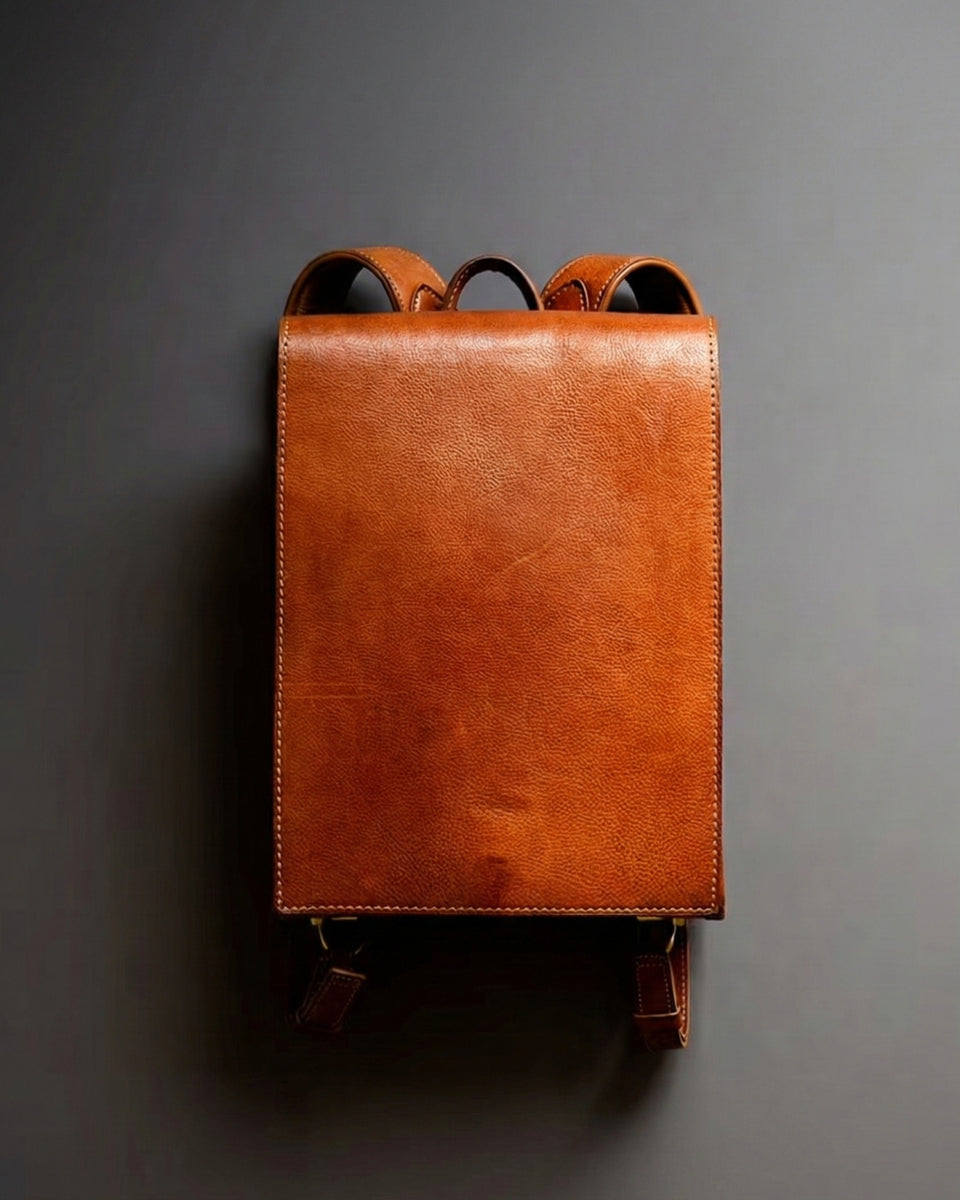 Brown leather OTONA Ramdsel backpack on a gray background