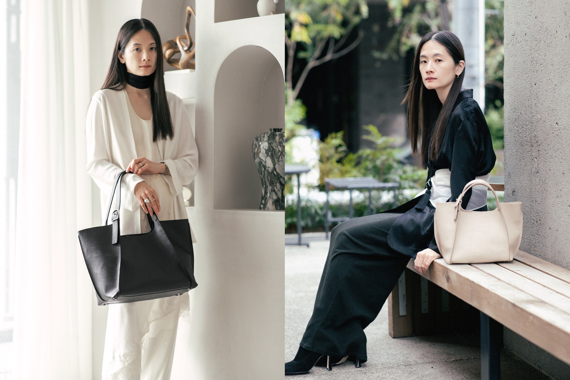 Two images of a woman with leather bags; one holding a black handbag indoors, the other sitting on a bench with a beige handbag.