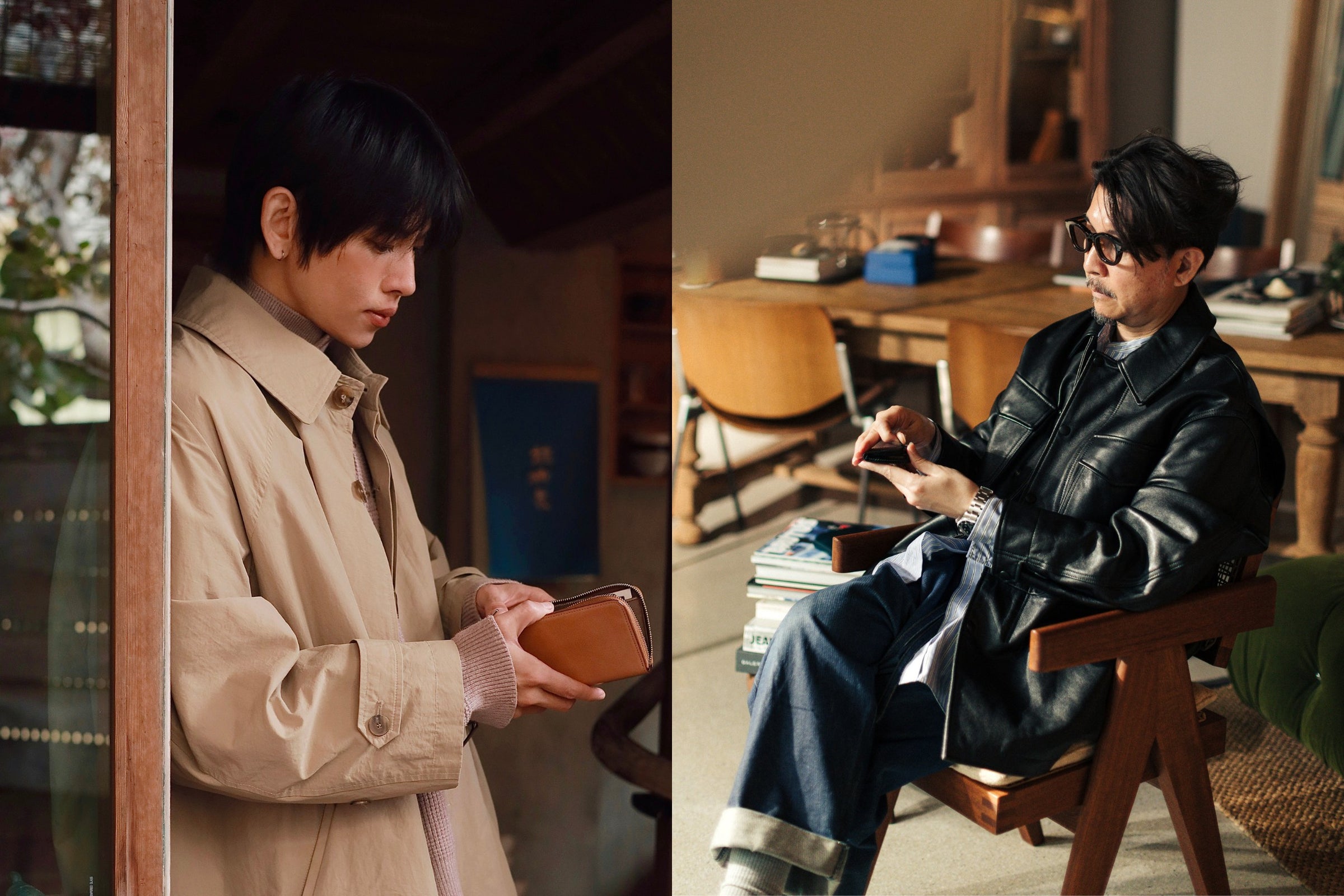 Two individuals in different settings, one holding his Cordovan Long Wallet e and the other sitting in a room with his Cordovan Coin Case.