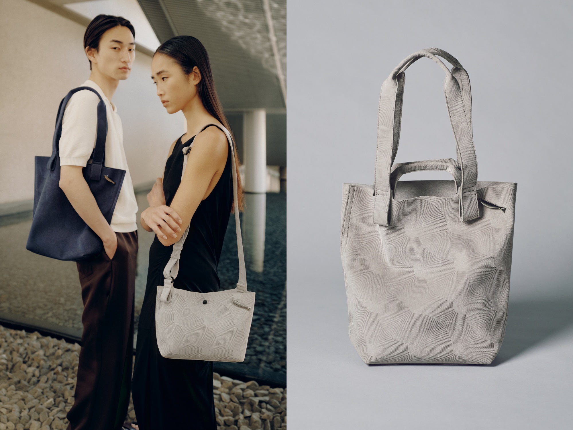 Two people with JAPANMOTIF Nami Washable bags on a blurred background, with a focus on a gray tote bag.