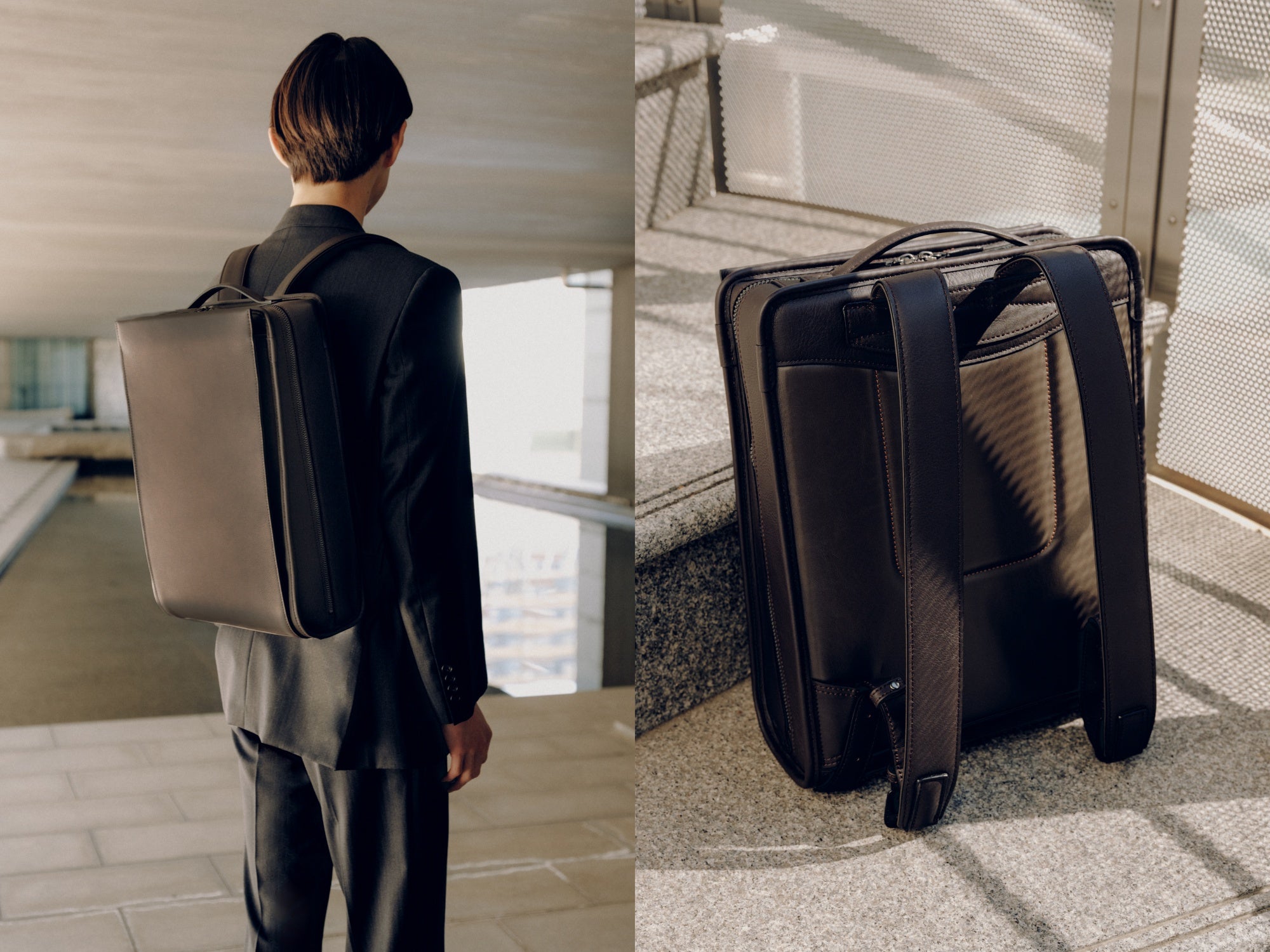 Person wearing a brown Vainno leather backpack with a close-up of the backpack on a textured surface.