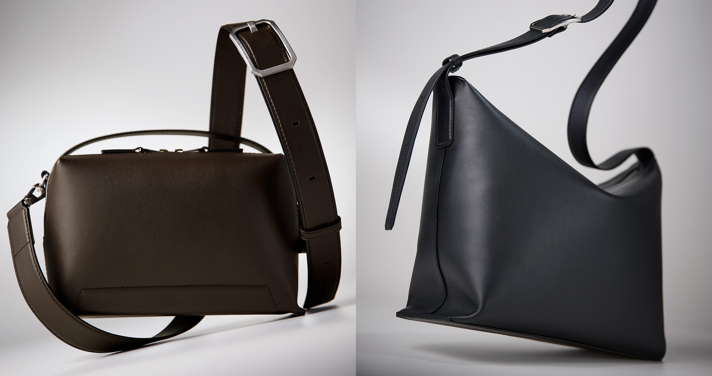 Two leather shoulder bags, one brown and one black, on a light gray background. Made in Japan | Straven Collection