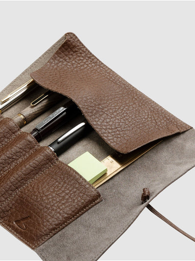 Steerhide (Soft Nume Leather) Tone Nume Roll Pencil Case in Stone Made in Japan