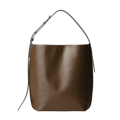 Steerhide (High-Gloss Leather) Atlow Medium Bucket Tote in Mocha Made in Japan
