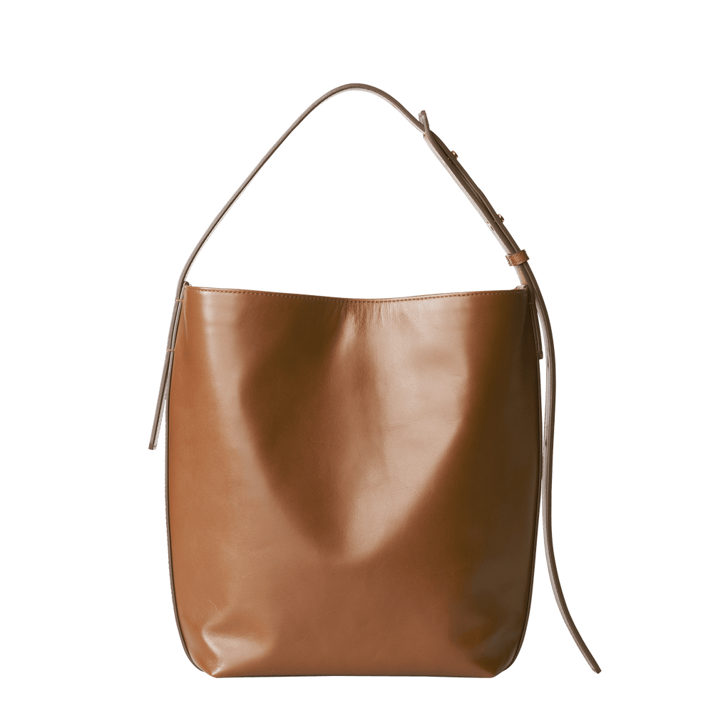 Steerhide (High-Gloss Leather) Atlow Medium Bucket Tote in Mocha Made in Japan