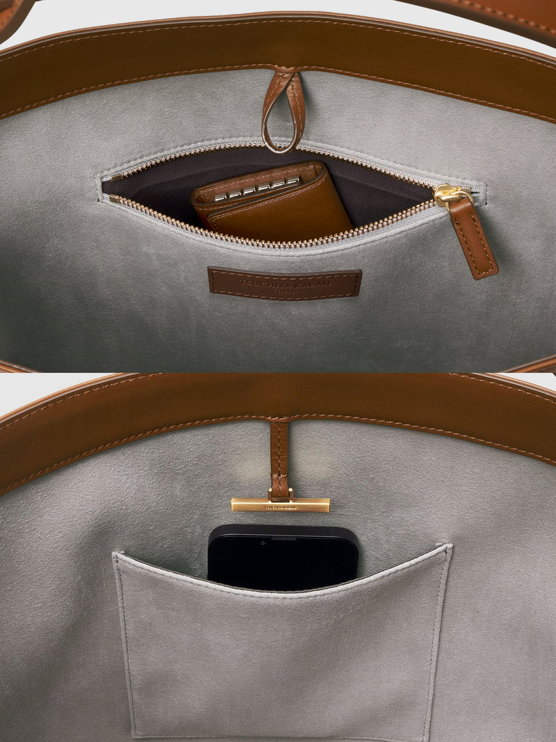 Steerhide (High-Gloss Leather) Atlow Medium Bucket Tote in Mocha Made in Japan