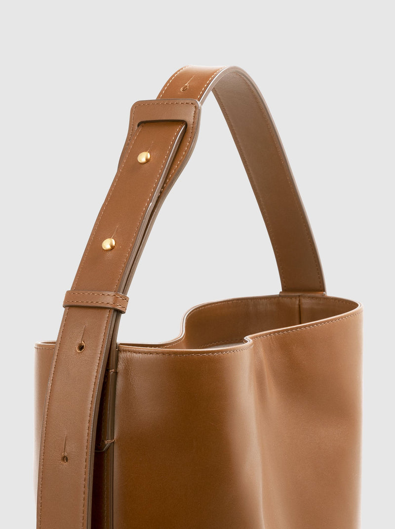 Steerhide (High-Gloss Leather) Atlow Medium Bucket Tote in Mocha Made in Japan