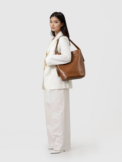 Steerhide (High-Gloss Leather) Atlow Medium Bucket Tote in Mocha Made in Japan