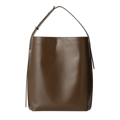 Steerhide (High-Gloss Leather) Atlow Bucket Tote in Mocha Made in Japan