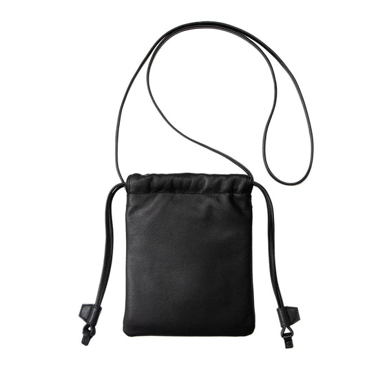 Steerhide  Ruffle Drawstring Pouch in Black Made in Japan