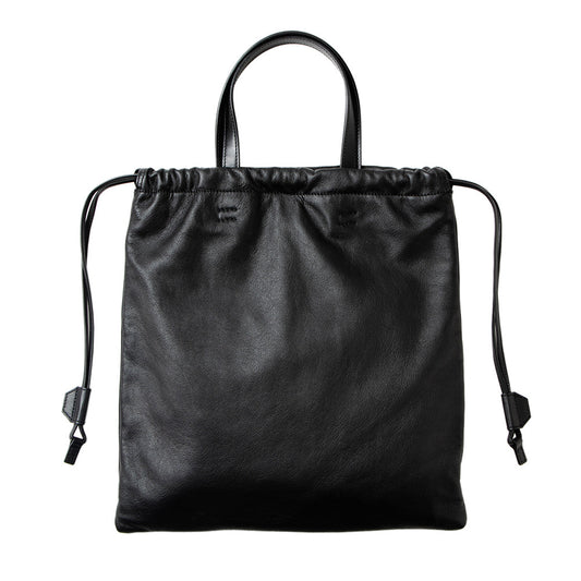 Steerhide  Ruffle Drawstring Tote in Black Made in Japan