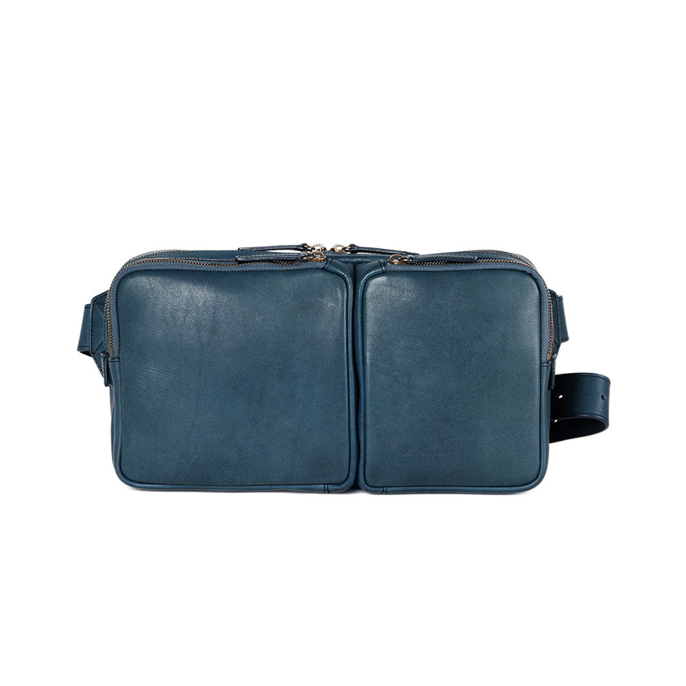 Cowhide  Roadster Tri-zip Crossbody Bag in Denim Blue Made in Japan