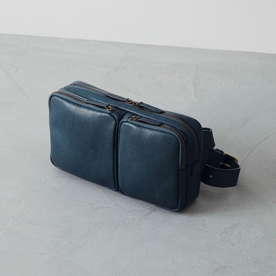 Cowhide  Roadster Tri-zip Crossbody Bag in Denim Blue Made in Japan